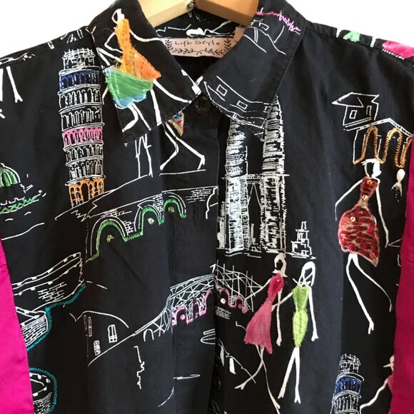 Funky Oversized Blazer, M-L: Paris Print, Fuchsia Spliced Button-Down Jacket - Picture 4 of 12